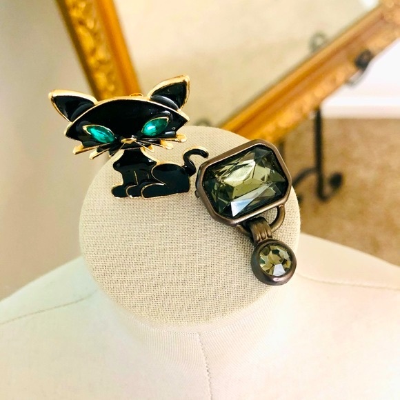 Vintage Black Cat brooch & Crystal Unique Deco Brooch - Picture 2 of 11